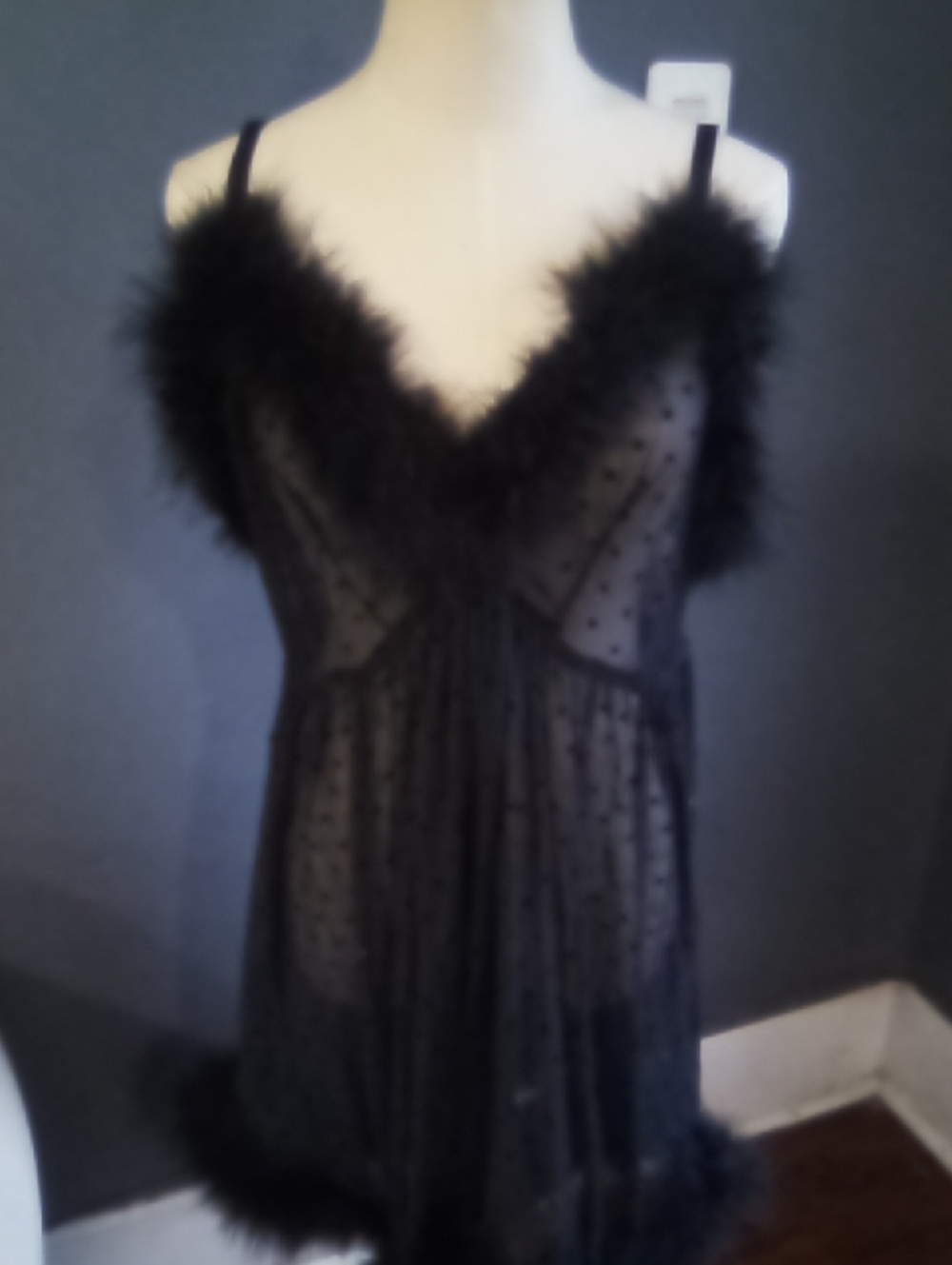 Savage X Fenty Black Sheer Polka Dot Feather-Trim Slip